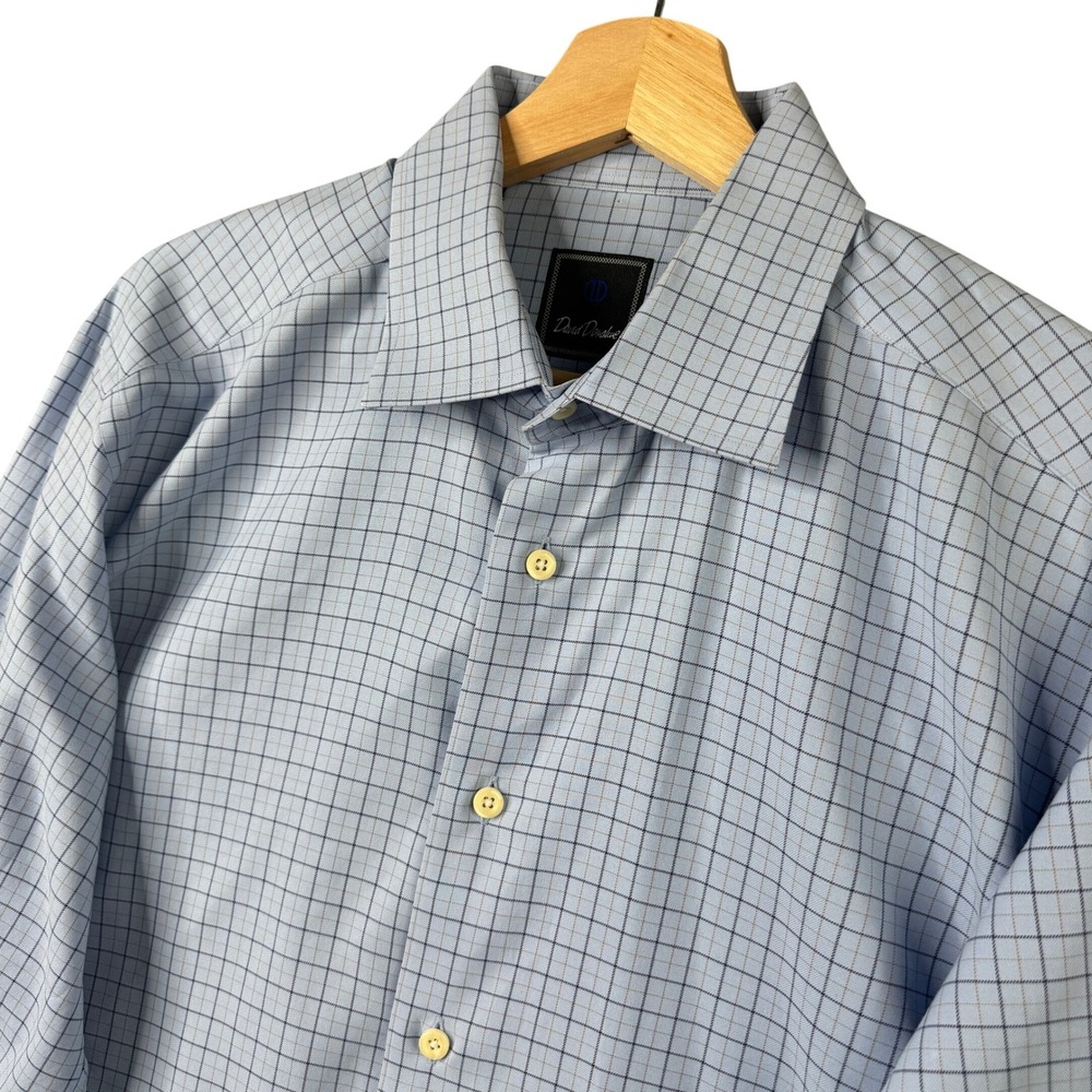 David Donahue Mens 17 32/33 Trim Fit Light Blue Check Plaid Cotton Dress Shirt